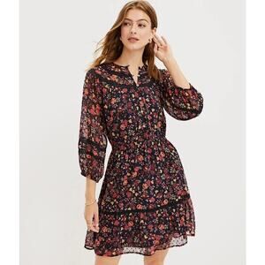 Loft SZ XL Floral Clip Tiered Button Dress NWT Black Multicolored Floral